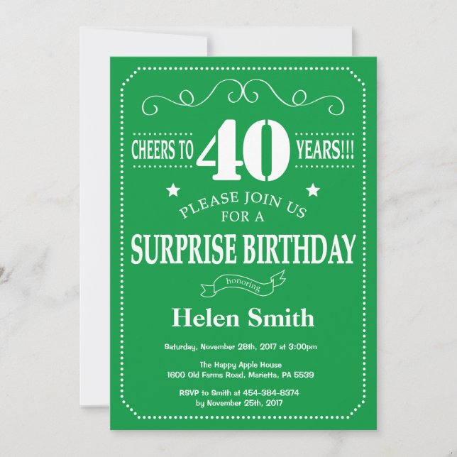 Invitación de cumpleaños sorpresa 40 verde y blanc (Anverso)