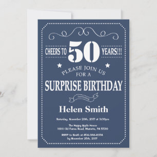 Invitación de cumpleaños sorpresa 50 azul y blanco