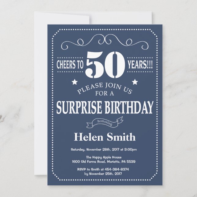 Invitación de cumpleaños sorpresa 50 azul y blanco (Anverso)