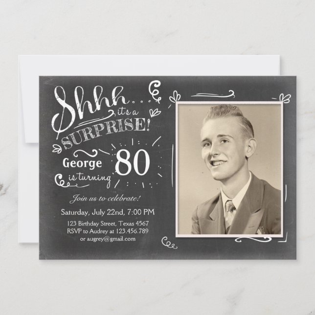 Invitación de cumpleaños sorpresa 80 Chalkboard Ru (Anverso)