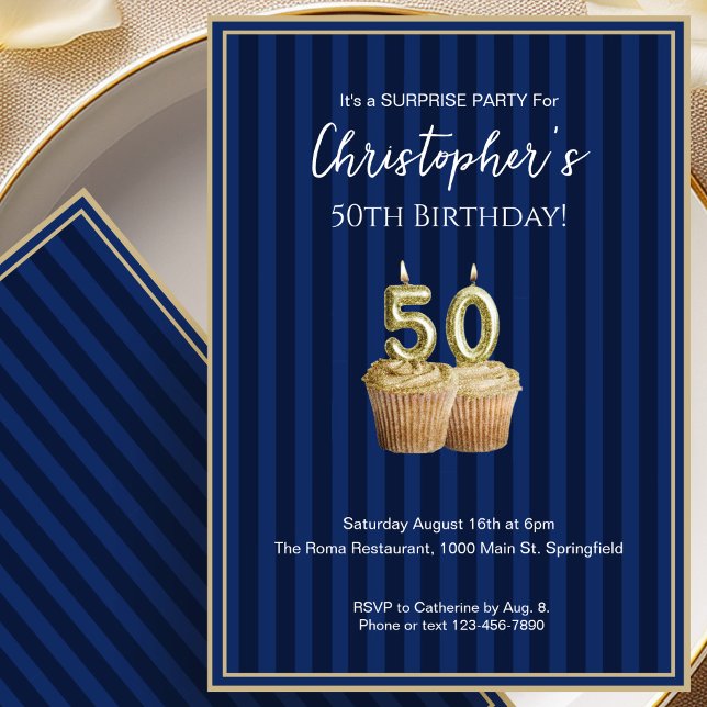 Invitación de cumpleaños sorpresa Blue Gold 50th  (Subido por el creador)