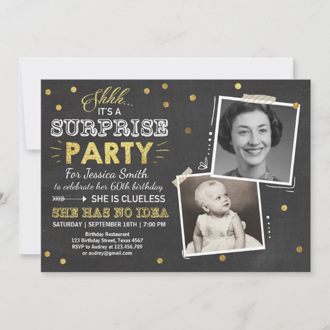 Invitación de cumpleaños sorpresa Chalkboard Gold (Anverso)