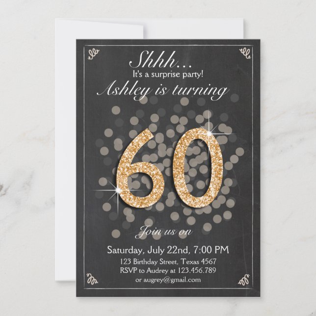 Invitación de cumpleaños sorpresa Chalkboard Rusti (Anverso)