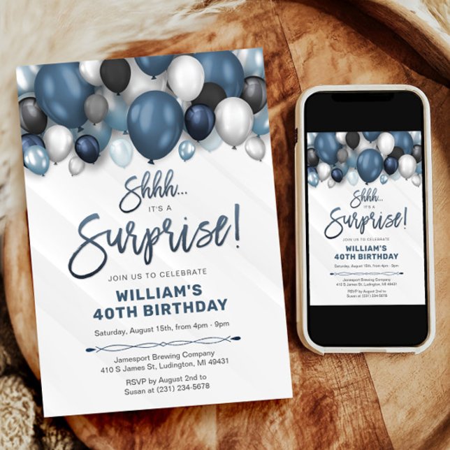 Invitación de cumpleaños sorpresa con globos azule (Surprise Birthday Invitation with Blue Balloons)