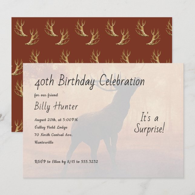 Invitación de cumpleaños sorpresa con tema de caza (Anverso / Reverso)