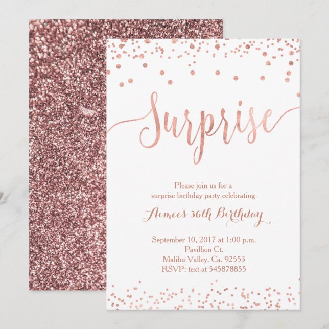 Invitación de cumpleaños sorpresa de Rosa Gold (Anverso / Reverso)