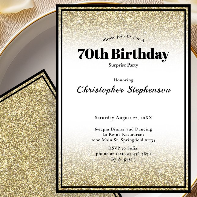 Invitación de cumpleaños sorpresa dorada para 70 a (Subido por el creador)