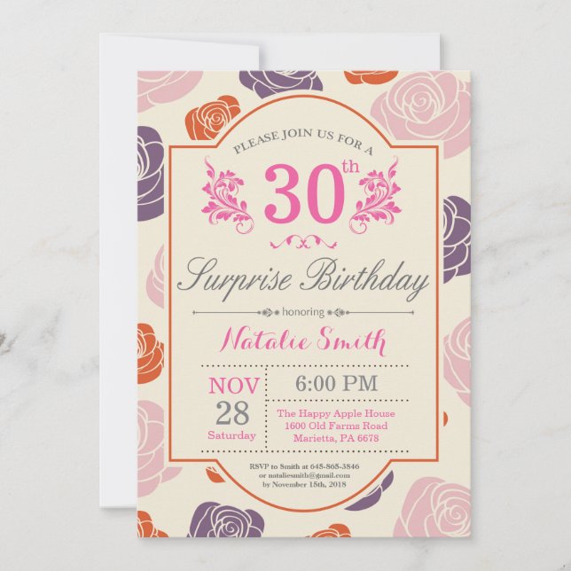 Invitación de cumpleaños sorpresa floral 30 cumple (Anverso)