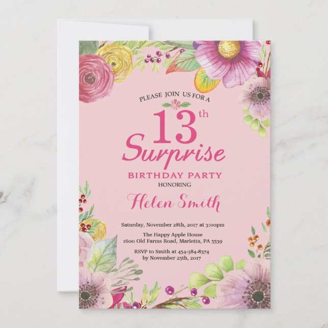 Invitación de cumpleaños sorpresa floral para muje (Anverso)