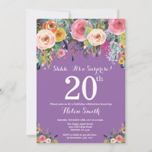 Invitación de cumpleaños sorpresa floral púrpura 2