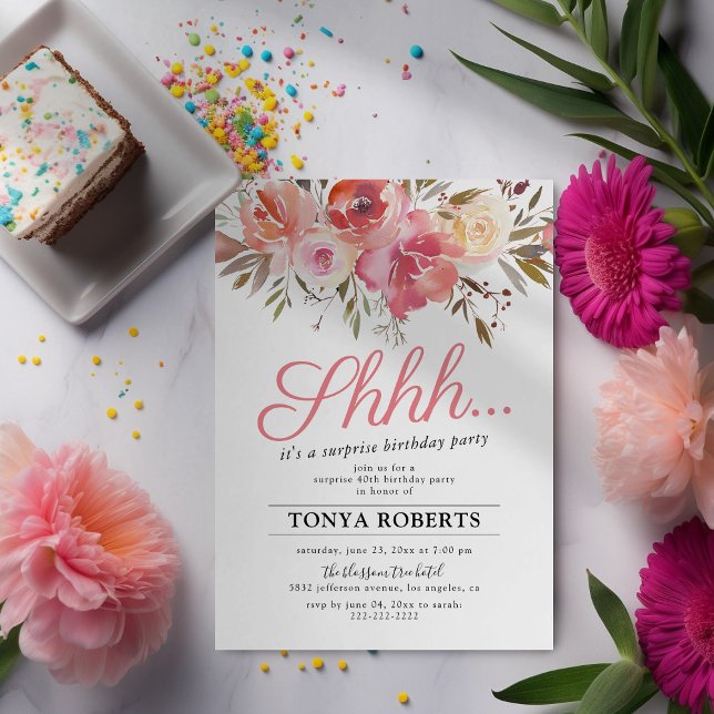 Invitación de cumpleaños sorpresa floral rosa (Subido por el creador)