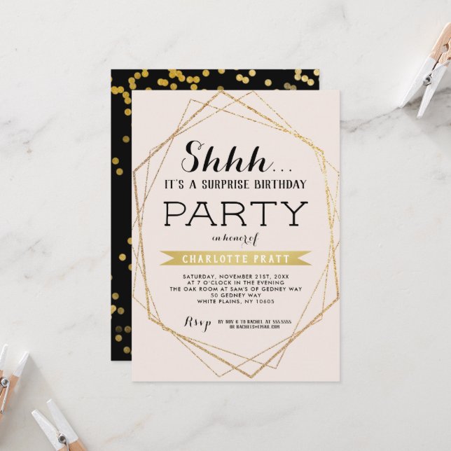 Invitación de cumpleaños sorpresa Gold Blush Shh (Anverso/Reverso In Situ)