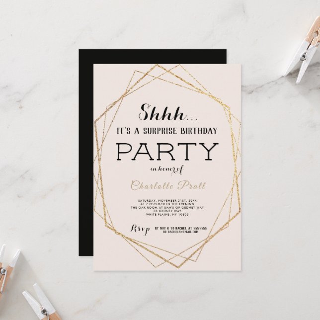 Invitación de cumpleaños sorpresa Gold Blush Shh (Anverso/Reverso In Situ)