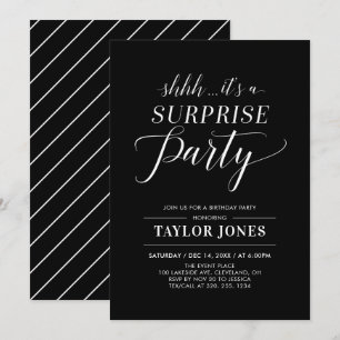 Invitación de cumpleaños sorpresa moderna en negro