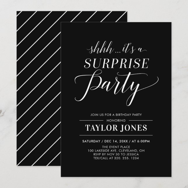 Invitación de cumpleaños sorpresa moderna en negro (Anverso / Reverso)