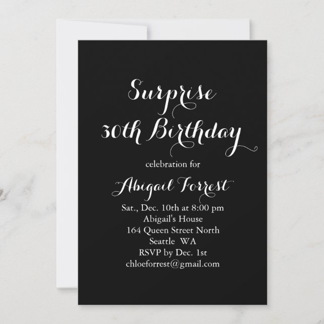 Invitación de cumpleaños sorpresa - negro (Anverso)