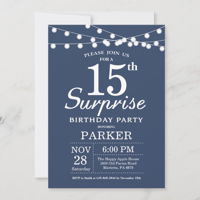 Invitación de cumpleaños sorpresa número 15 azul (Anverso)