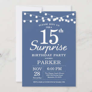 Invitación de cumpleaños sorpresa número 15 azul