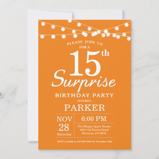 Invitación de cumpleaños sorpresa número 15 naranj (Anverso)