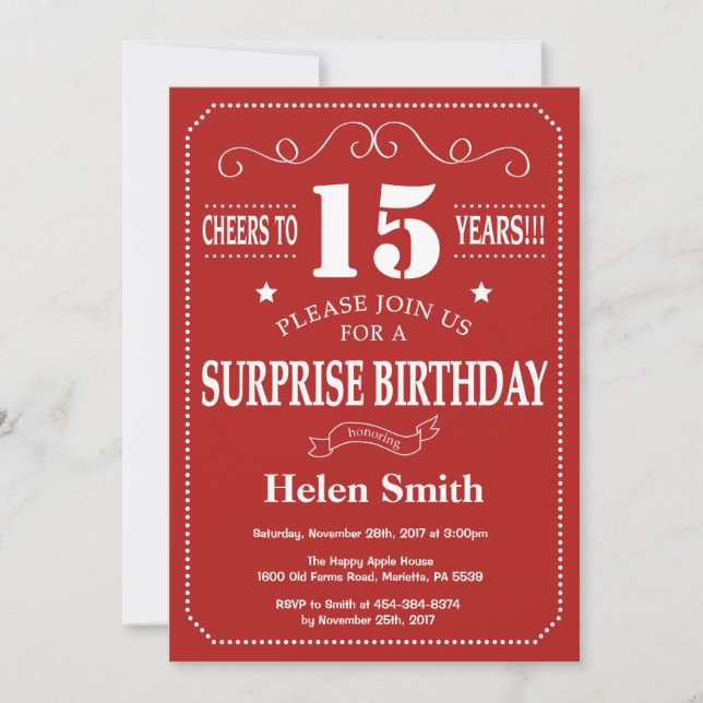 Invitación de cumpleaños sorpresa número 15 roja y (Anverso)