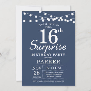 Invitación de cumpleaños sorpresa número 16 azul