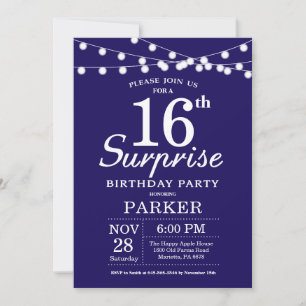 Invitación de cumpleaños sorpresa número 16 azul m