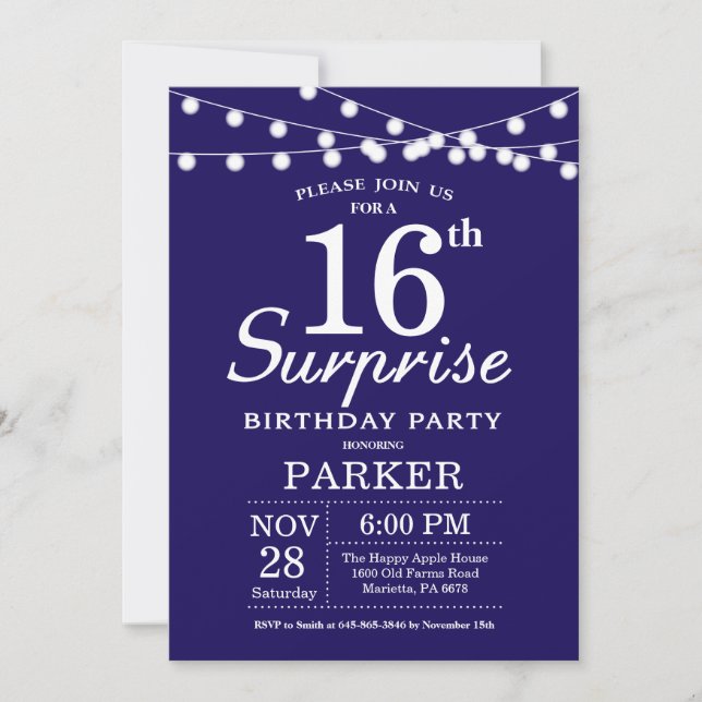Invitación de cumpleaños sorpresa número 16 azul m (Anverso)