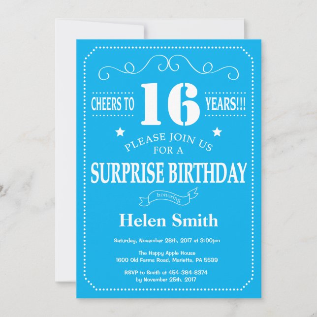 Invitación de cumpleaños sorpresa número 16 azul y (Anverso)
