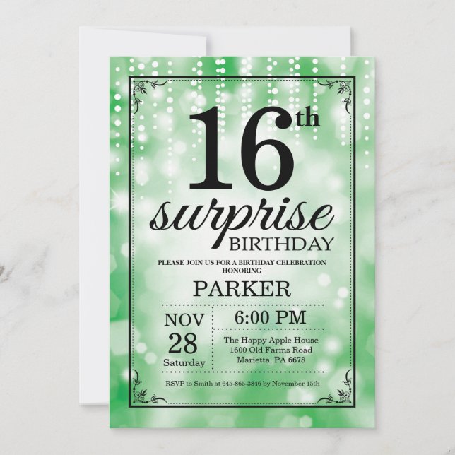Invitación de cumpleaños sorpresa número 16 con br (Anverso)
