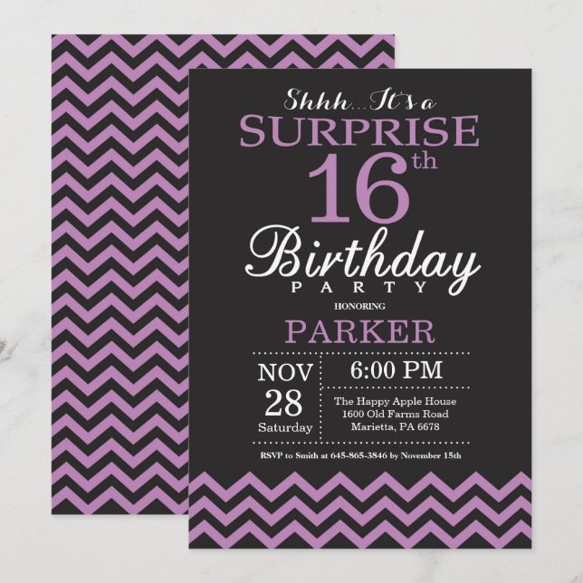 Invitación de cumpleaños sorpresa número 16 negro  (Anverso / Reverso)