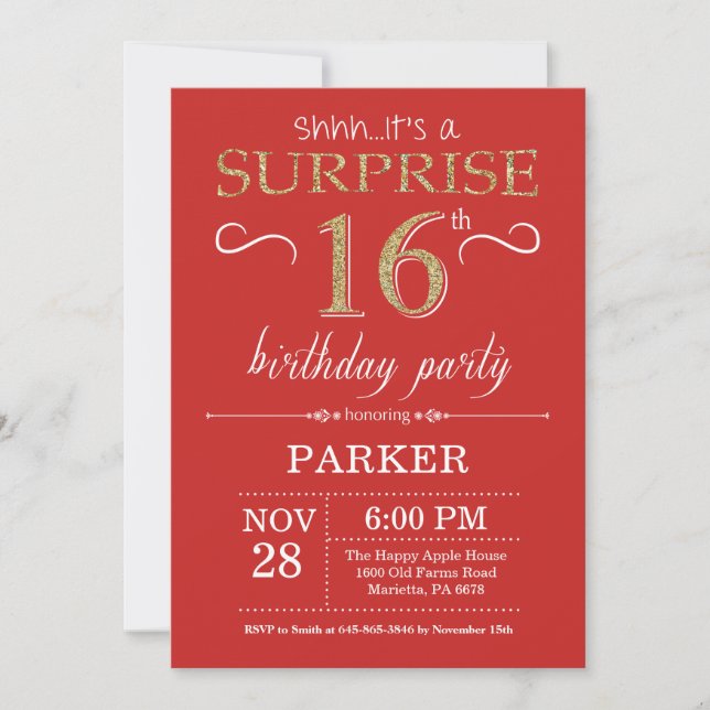 Invitación de cumpleaños sorpresa número 16 rojo y (Anverso)