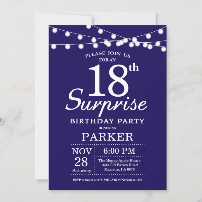 Invitación de cumpleaños sorpresa número 18 azul m (Anverso)