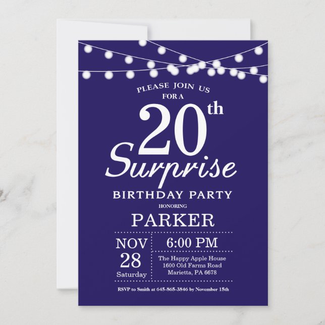 Invitación de cumpleaños sorpresa número 20 azul m (Anverso)