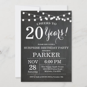 Invitación de cumpleaños sorpresa número 20 en piz