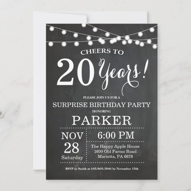 Invitación de cumpleaños sorpresa número 20 en piz (Anverso)