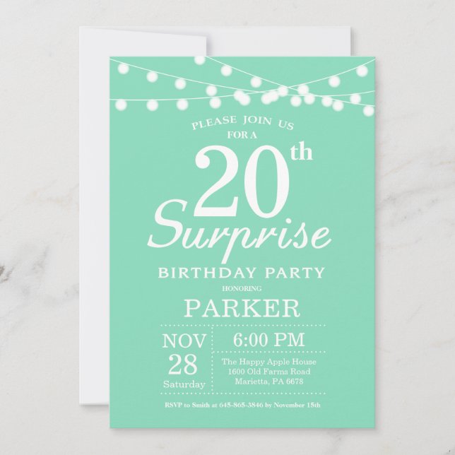 Invitación de cumpleaños sorpresa número 20 verde  (Anverso)