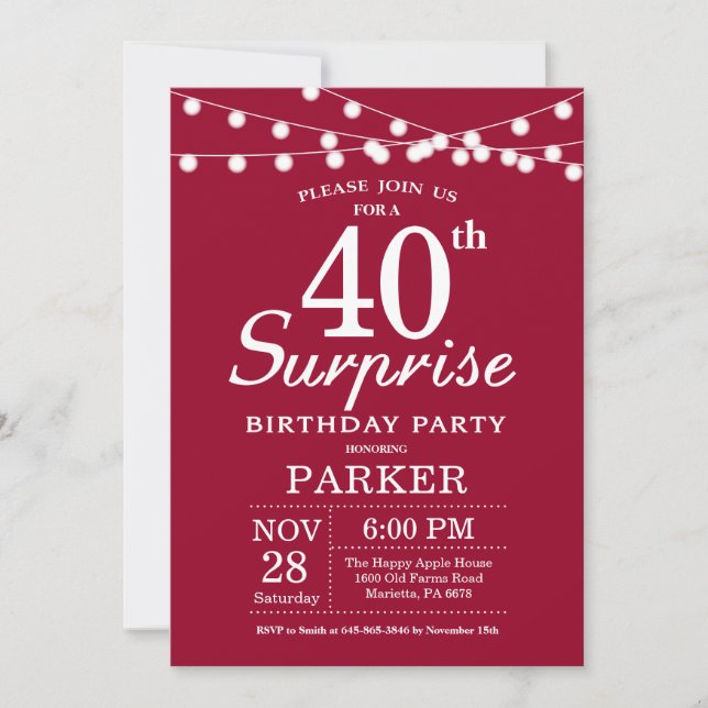 Invitación de cumpleaños sorpresa número 40 en roj (Anverso)