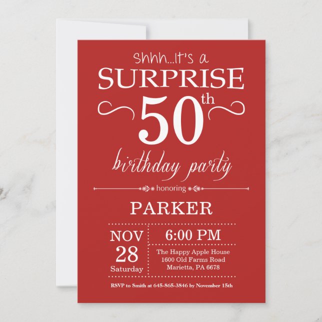 Invitación de cumpleaños sorpresa número 50 rojo (Anverso)