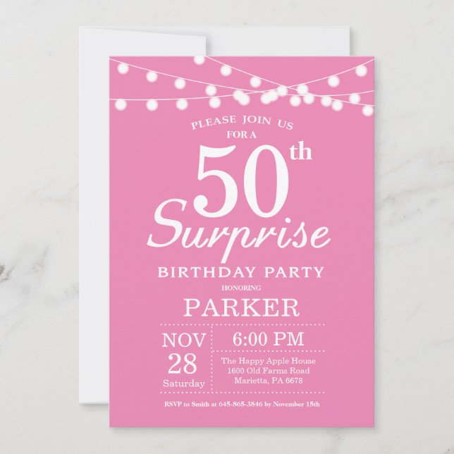 Invitación de cumpleaños sorpresa número 50 rosa (Anverso)