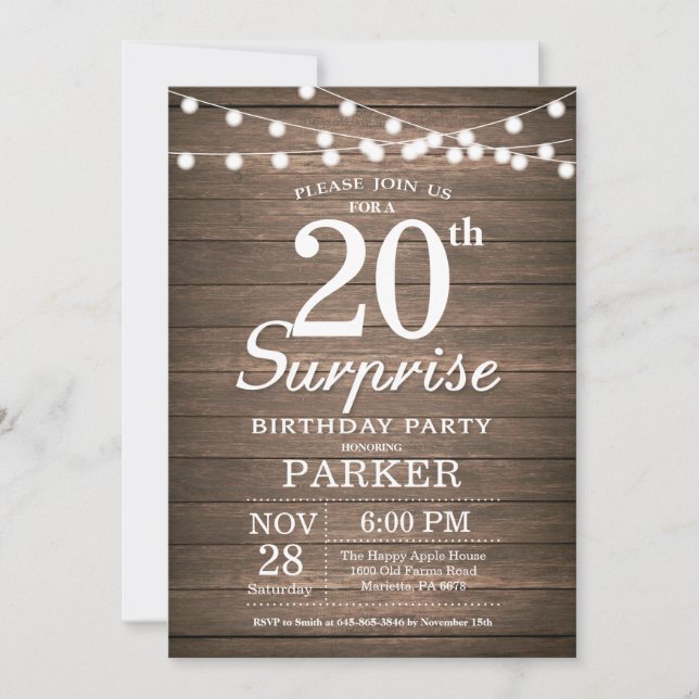 Invitación de cumpleaños sorpresa rústica de 20 añ (Anverso)