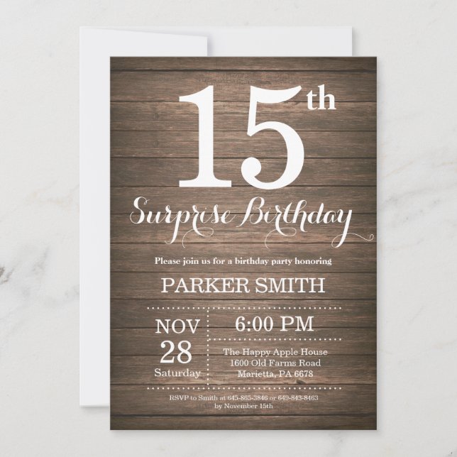 Invitación de cumpleaños sorpresa rústica número 1 (Anverso)