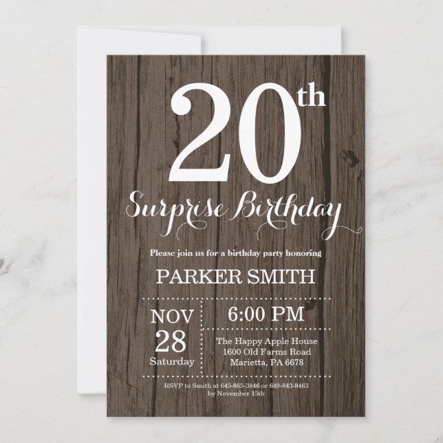 Invitación de cumpleaños sorpresa rústica número 2 (Anverso)