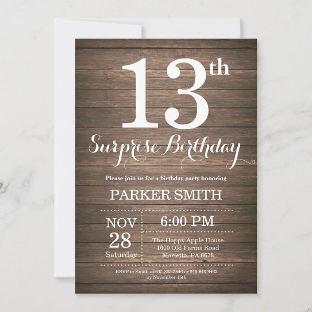 Invitación de cumpleaños sorpresa rústico 13 (Anverso)
