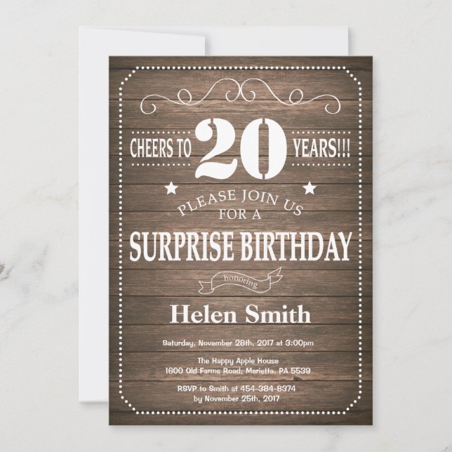 Invitación de cumpleaños sorpresa rústico 20 (Anverso)