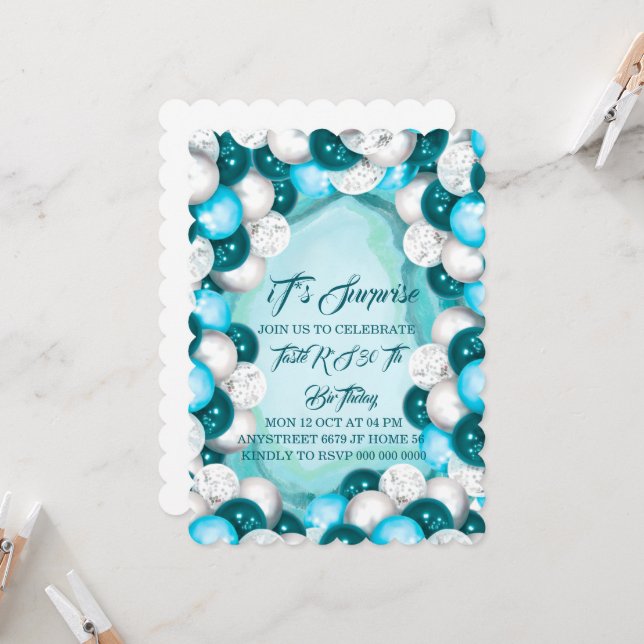 Invitación de cumpleaños sorpresa turquesa, cumple (Anverso/Reverso In Situ)