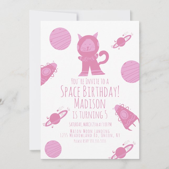 Invitación de cumpleaños Space Cat Pink Galaxy (Anverso)