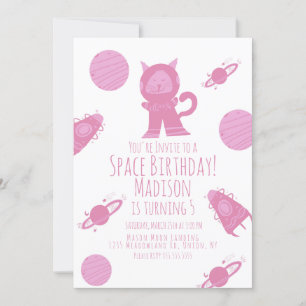 Invitación de cumpleaños Space Cat Pink Galaxy