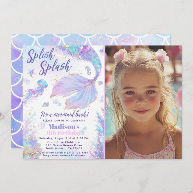 Invitación de cumpleaños Splash Bash de Sirena (Anverso / Reverso)