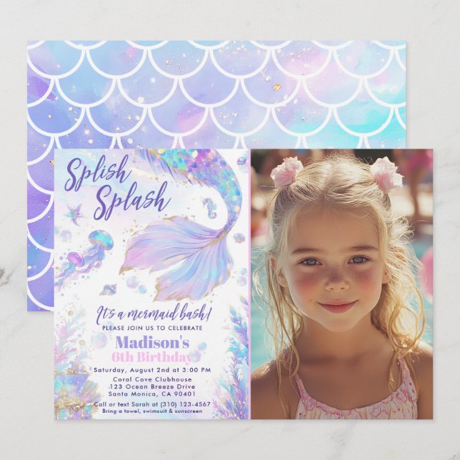 Invitación de cumpleaños Splash Mermaid Bash (Anverso / Reverso)