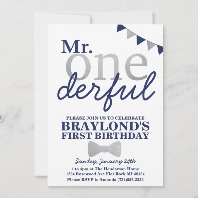 Invitación de cumpleaños Sr Onederful (azul marino (Anverso)